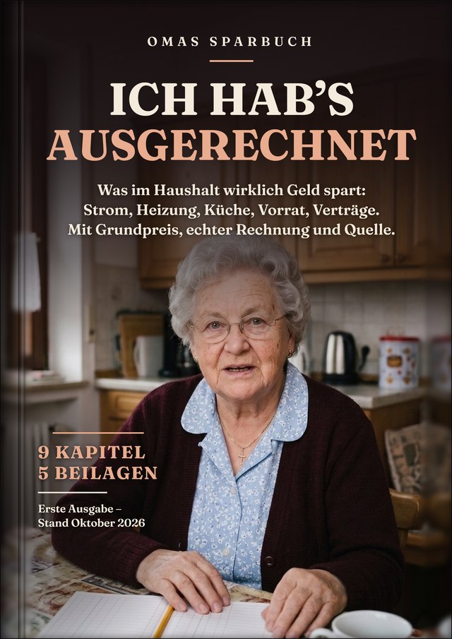 Buchdeckel: Omas Sparbuch – Ich hab’s ausgerechnet. Gisela am Küchentisch mit ihrem Haushaltsbuch. 9 Kapitel, 5 Beilagen, Erste Ausgabe, Stand Oktober 2026