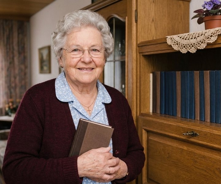 Gisela Haug vor dem Wohnzimmerschrank mit ihren Haushaltsbüchern, eine mit KI gestaltete Erzählfigur